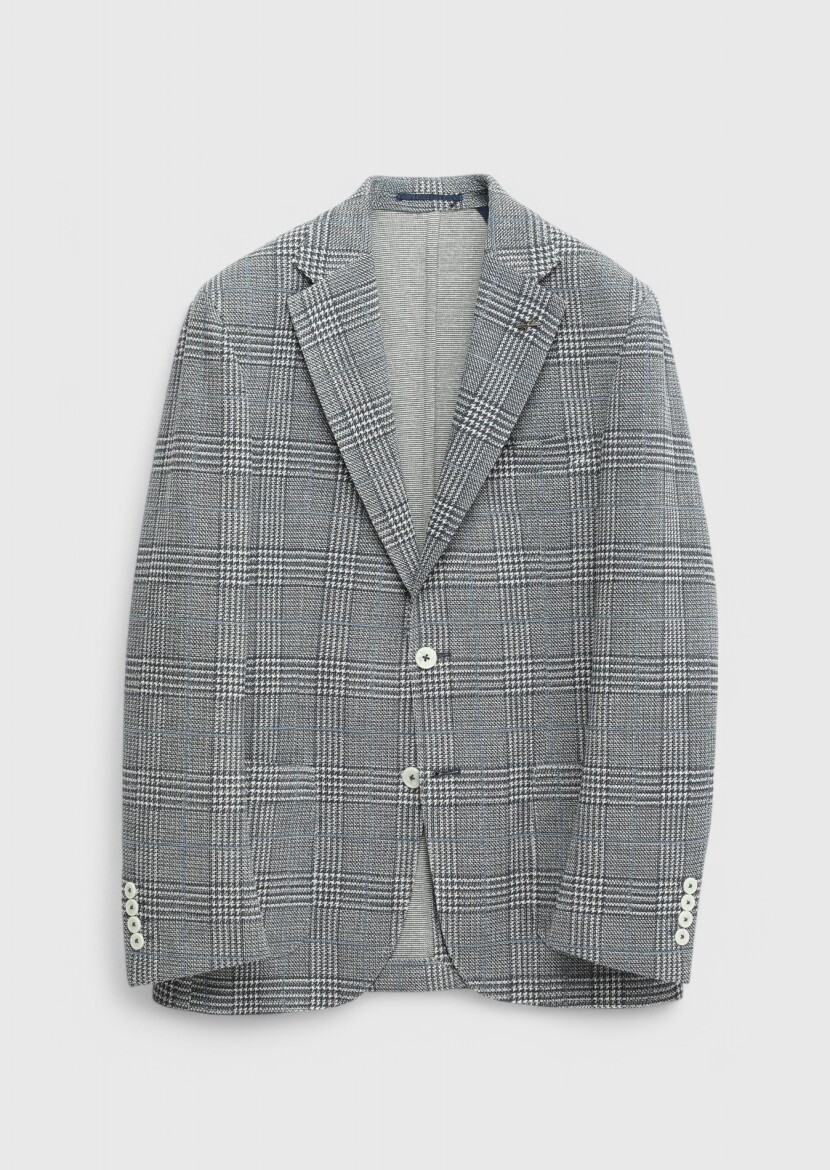 Indigo Checkered Shirt Shoulder Slim Fit Cotton Blended Jacket - 7