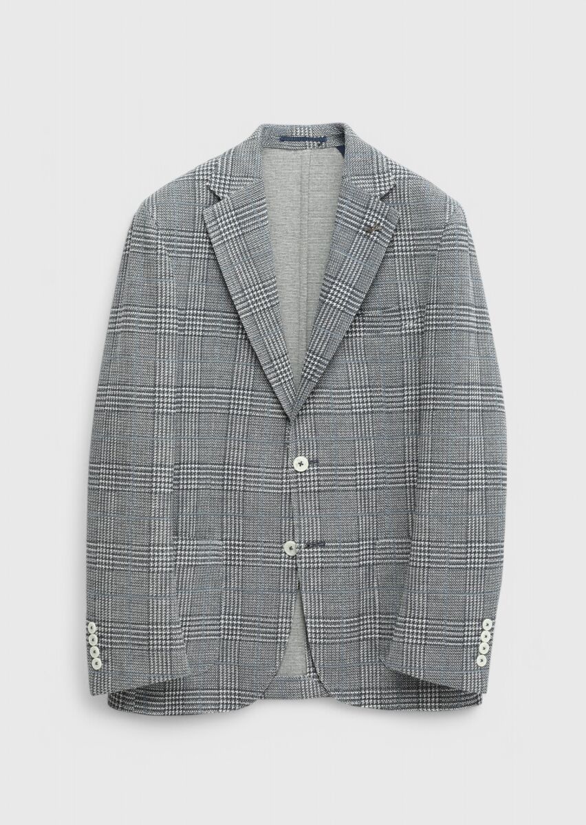 Indigo Checkered Shirt Shoulder Slim Fit Cotton Blended Jacket - 7