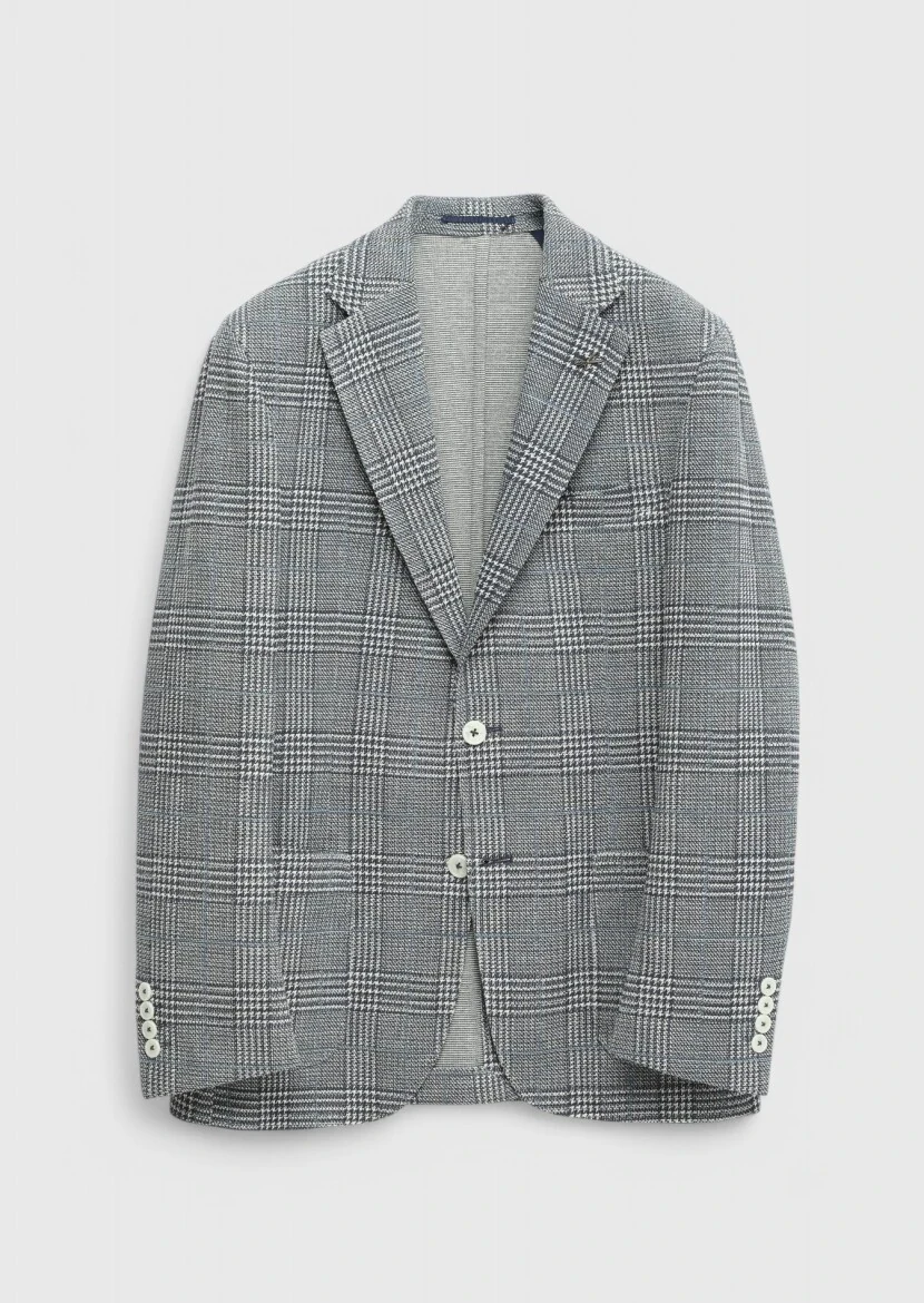 Indigo Checkered Shirt Shoulder Slim Fit Cotton Blended Jacket - 7