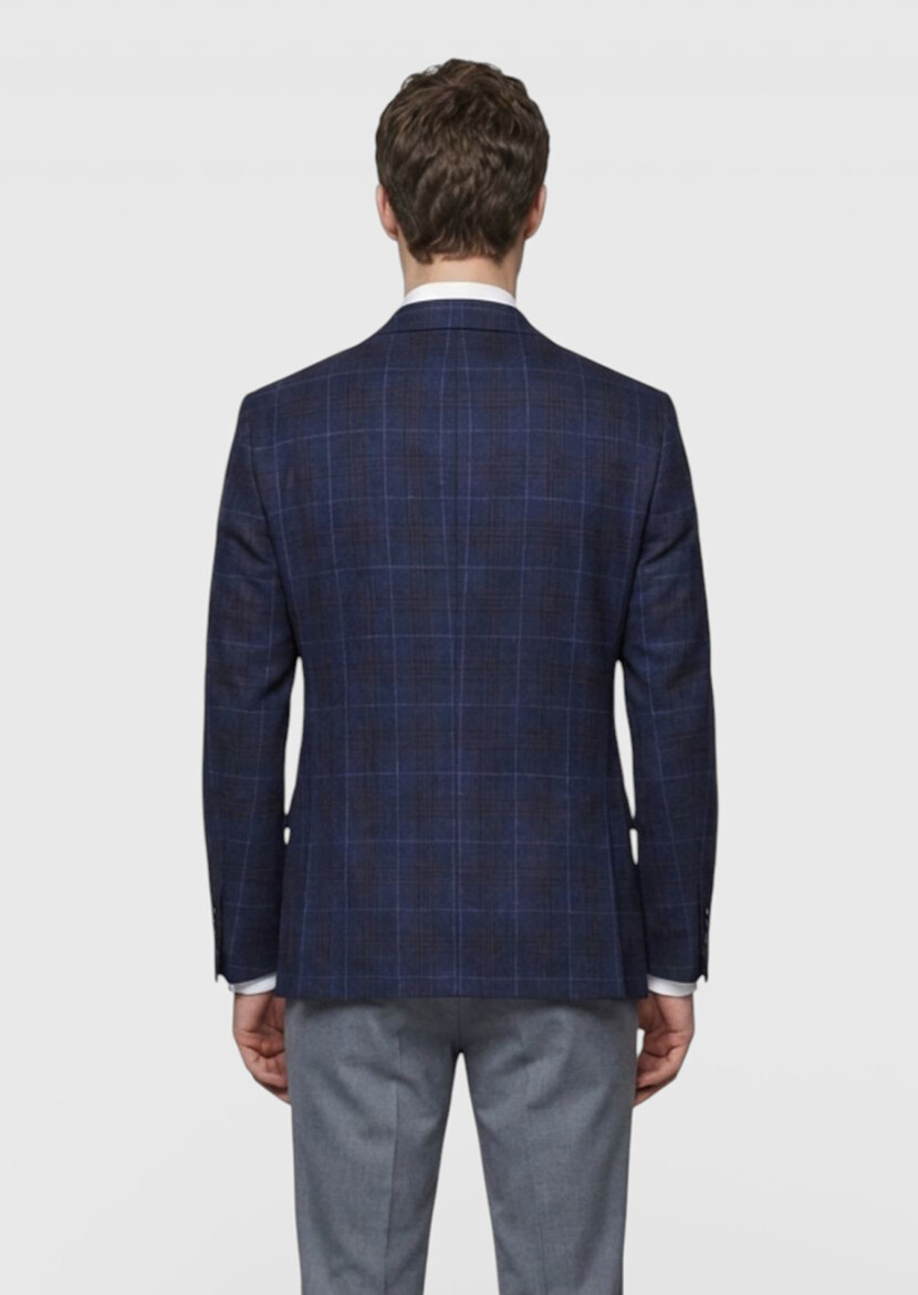 Indigo Checkered Wool Blended Jacket - 3