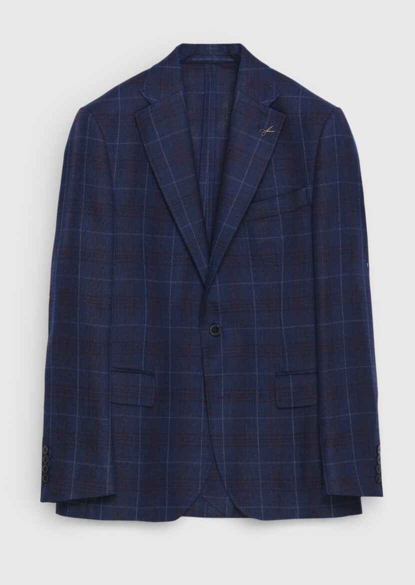 Indigo Checkered Wool Blended Jacket - 4