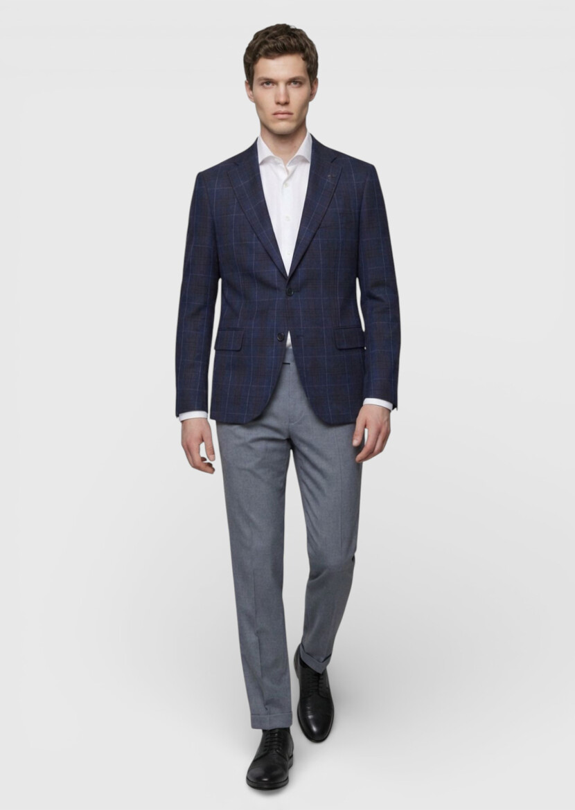 Indigo Checkered Zeroweight Slim Fit Wool Blended Jacket - RAMSEY