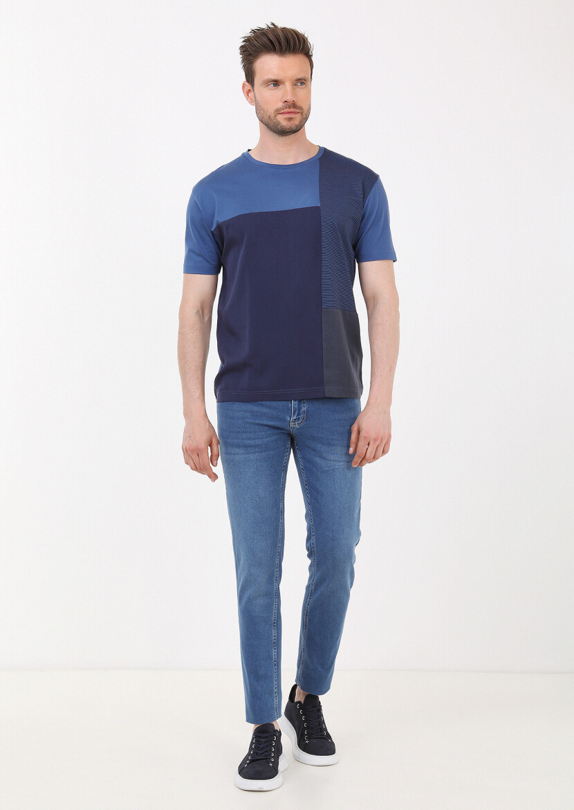 İndigo Çizgili Bisiklet Yaka %100 Pamuk T-Shirt - 2