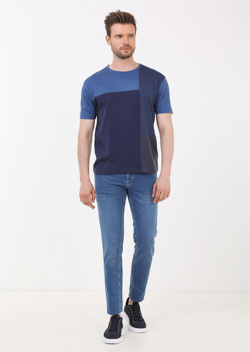 İndigo Çizgili Bisiklet Yaka %100 Pamuk T-Shirt - 2