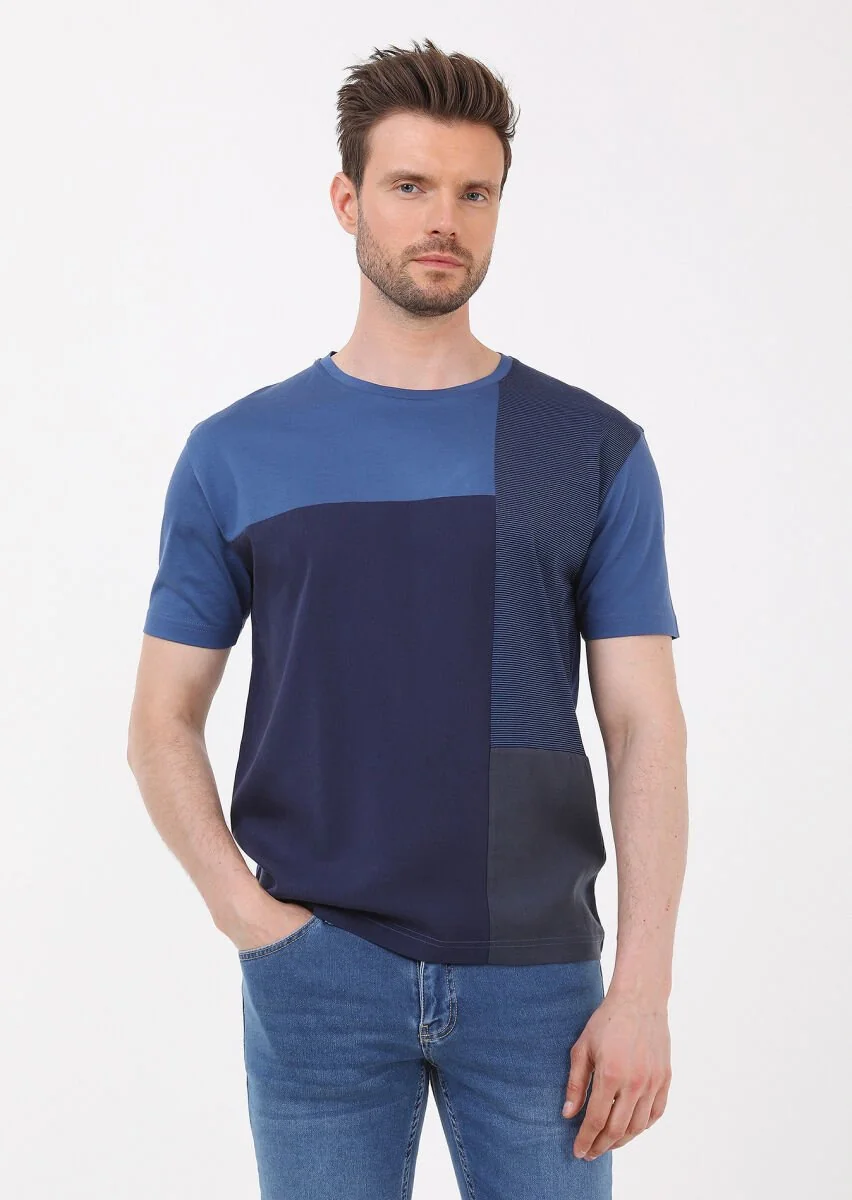 İndigo Çizgili Bisiklet Yaka %100 Pamuk T-Shirt - 1