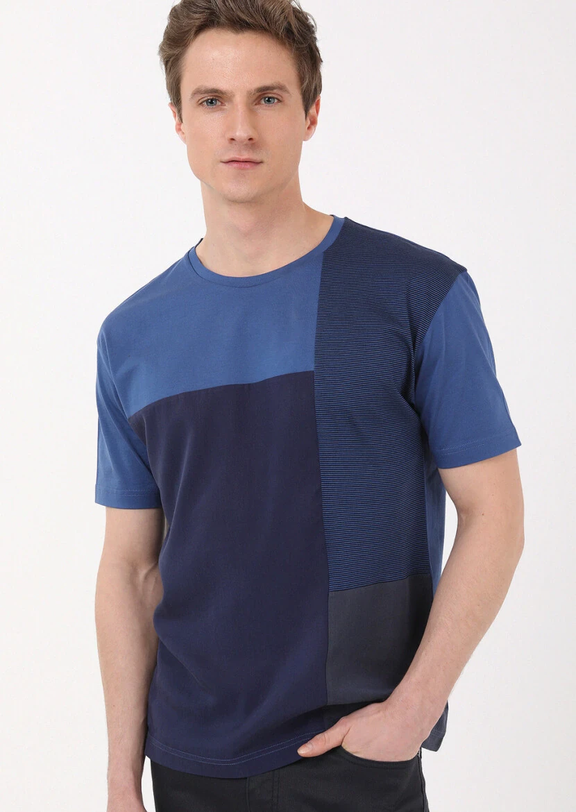 İndigo Çizgili Bisiklet Yaka %100 Pamuk T-Shirt - 2