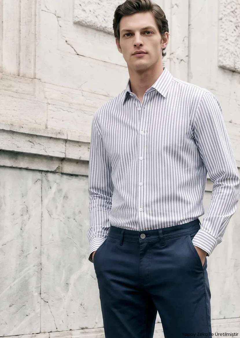 İndigo Çizgili Casual Fit Uzun Dokuma Casual %100 Pamuk Gömlek - RAMSEY