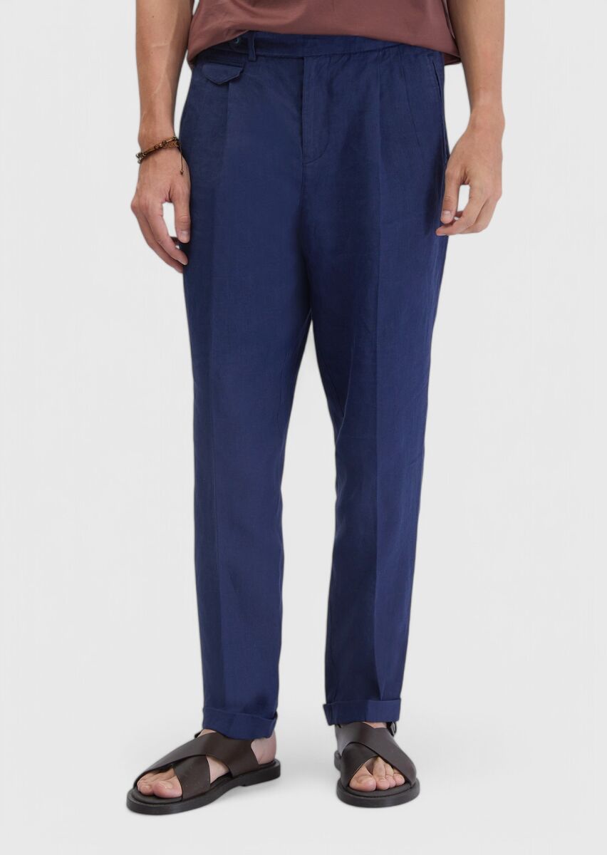 İndigo Çizgili Dokuma Carrot Fit Casual %100 Keten Pantolon - 2