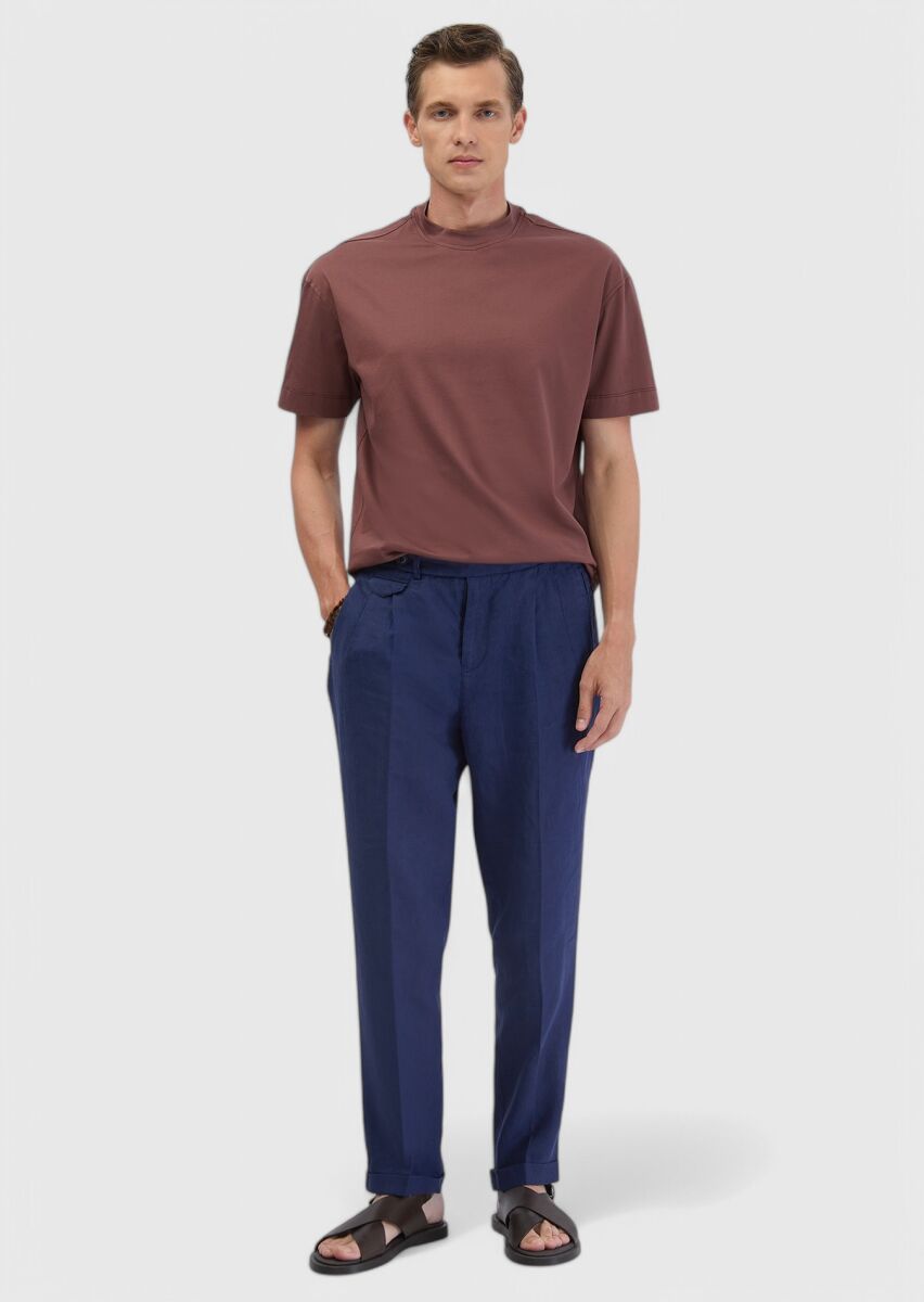 RAMSEY İndigo Çizgili Dokuma Carrot Fit Casual %100 Keten Pantolon