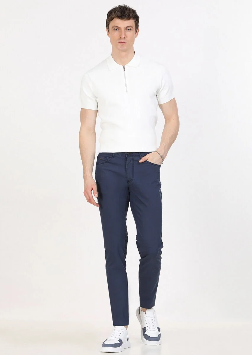 İndigo Çizgili Dokuma Slim Fit Casual Pantolon - 1