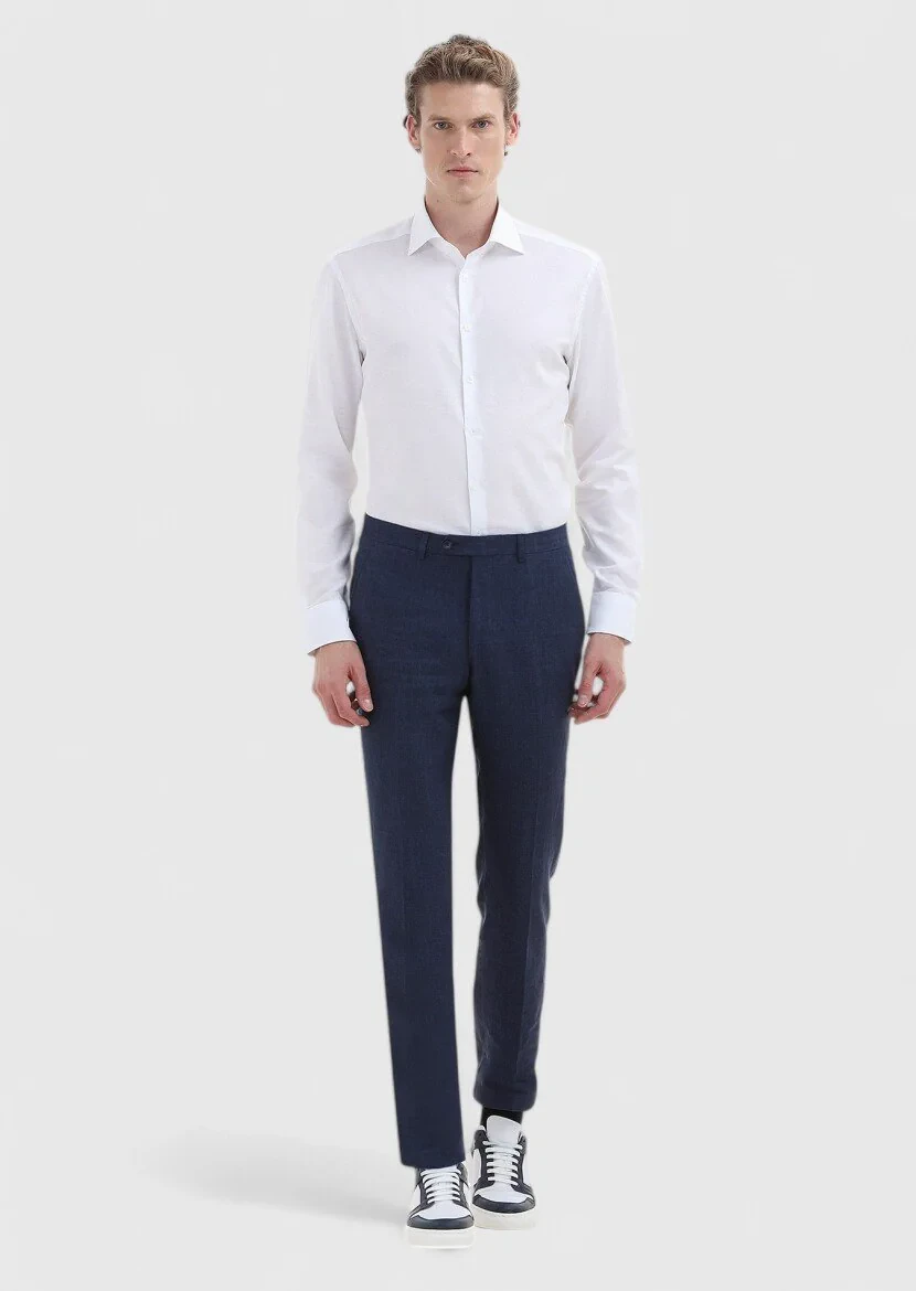 İndigo Çizgili Kumaş Modern Fit Klasik %100 Keten Pantolon - 1