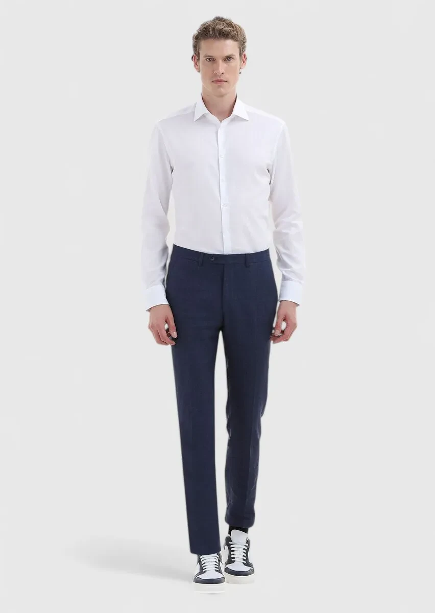 İndigo Çizgili Kumaş Modern Fit Klasik %100 Keten Pantolon - 1