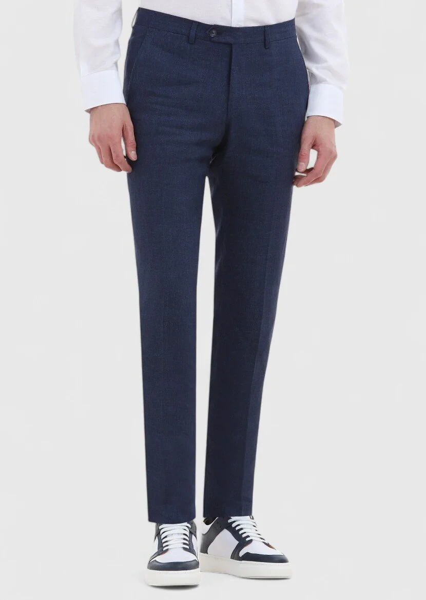 İndigo Çizgili Kumaş Modern Fit Klasik %100 Keten Pantolon - 2