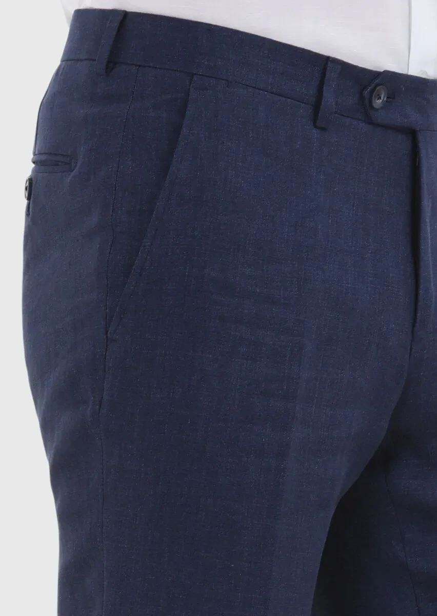 İndigo Çizgili Kumaş Modern Fit Klasik %100 Keten Pantolon - 3