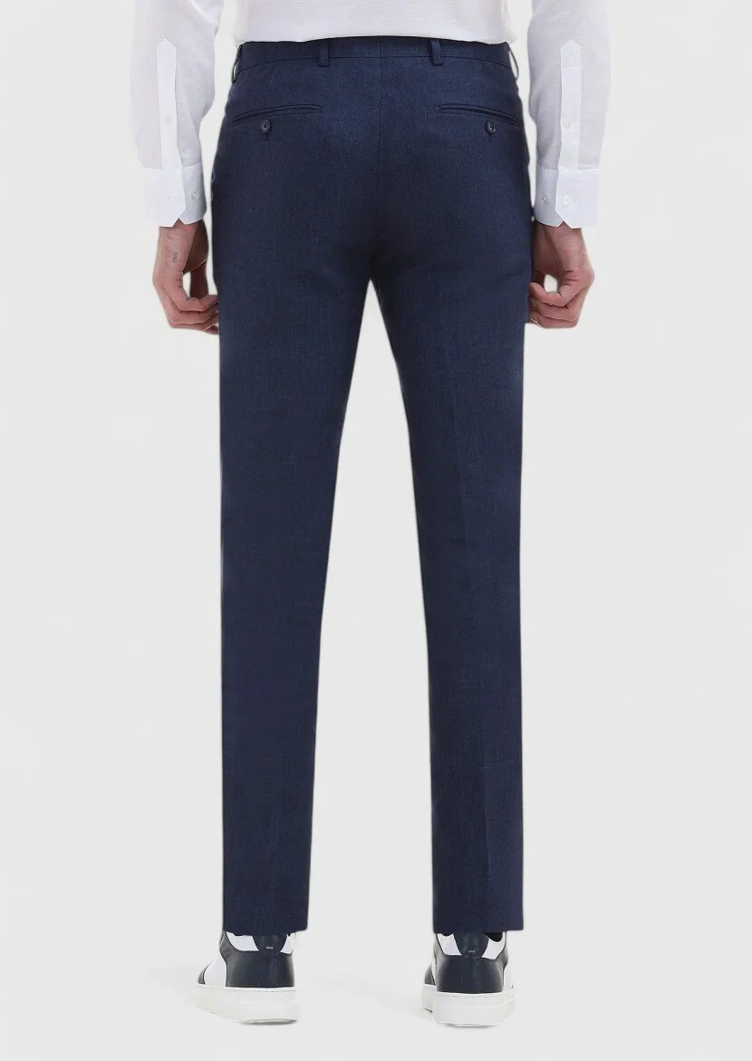 İndigo Çizgili Kumaş Modern Fit Klasik %100 Keten Pantolon - 4