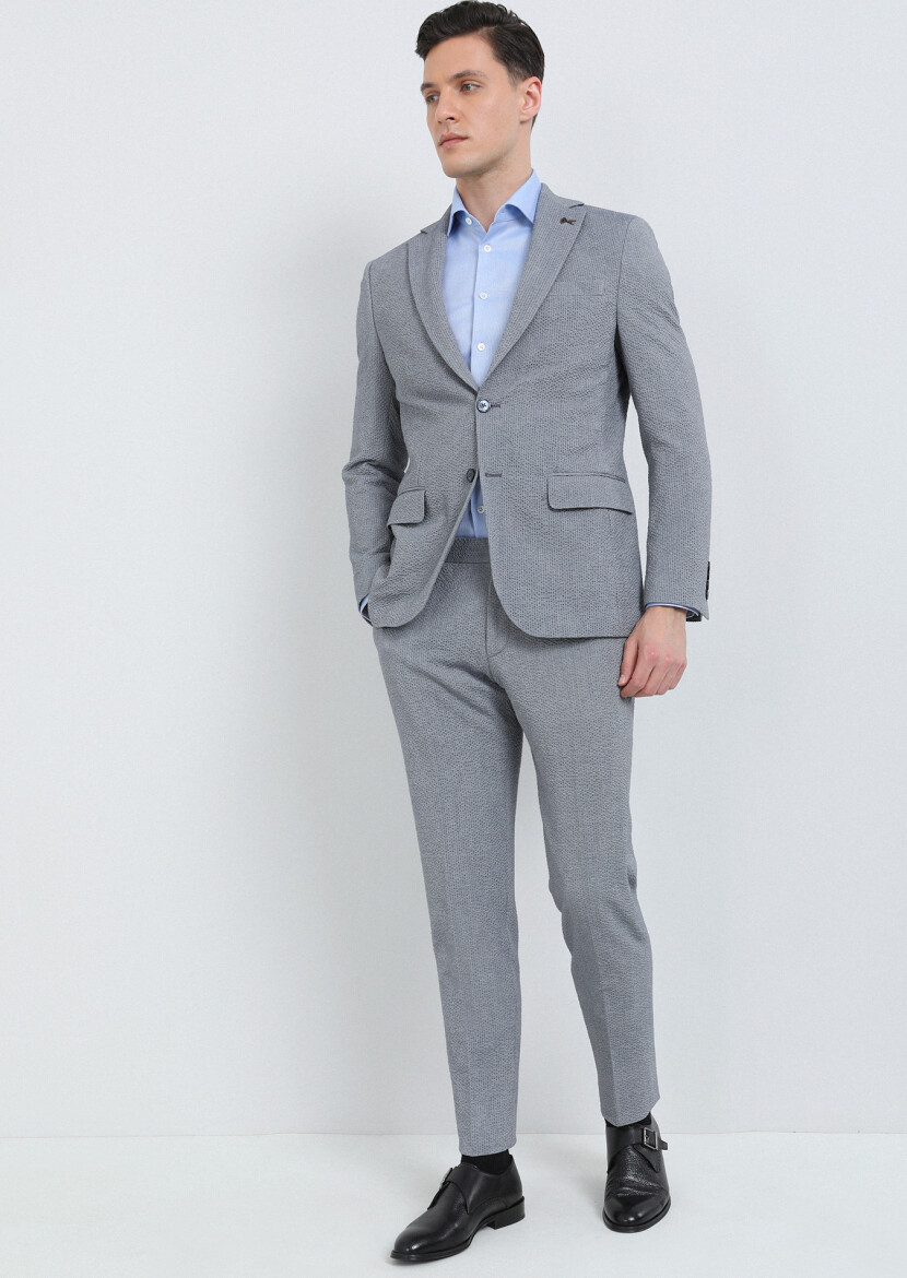 İndigo Çizgili Modern Fit Pamuk Karışımlı Takım Elbise - 1