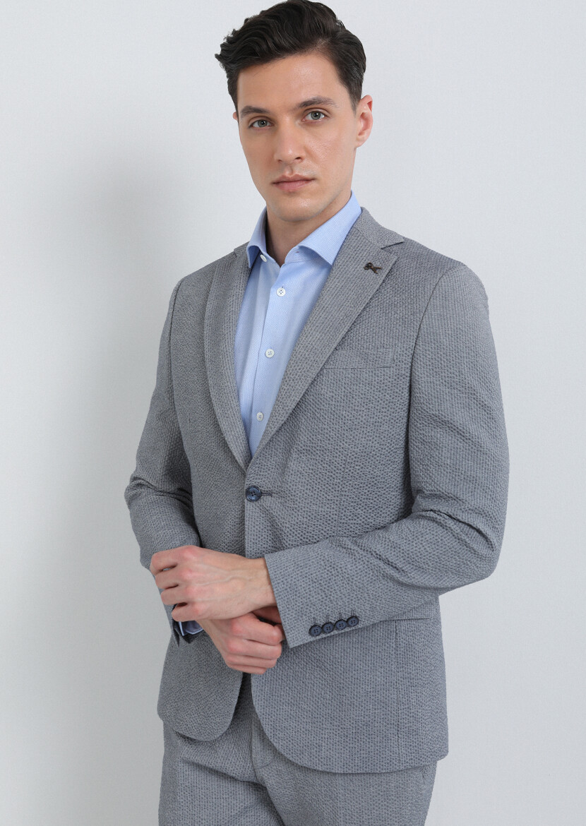 İndigo Çizgili Modern Fit Pamuk Karışımlı Takım Elbise - 2