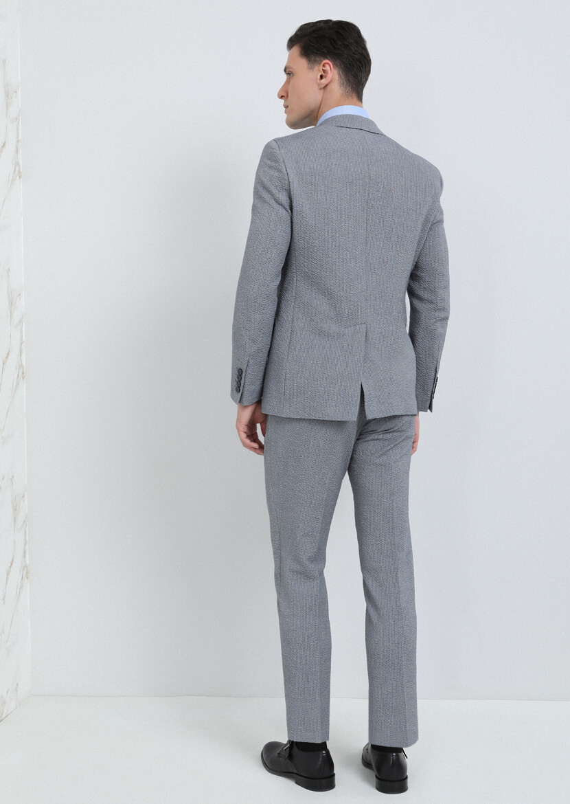 İndigo Çizgili Modern Fit Pamuk Karışımlı Takım Elbise - 4