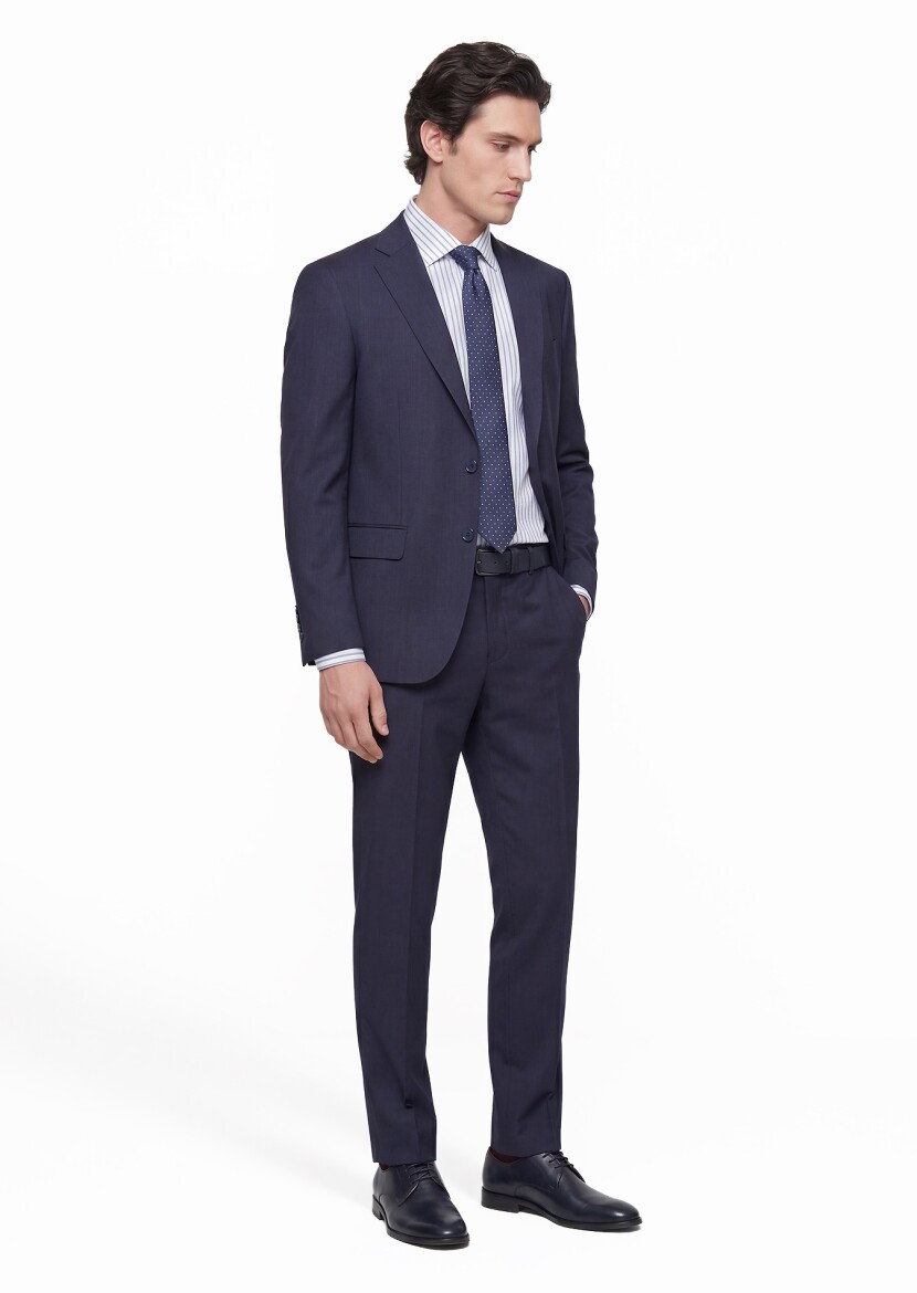 İndigo Çizgili Modern Fit Yün Karışımlı Takım Elbise - 3