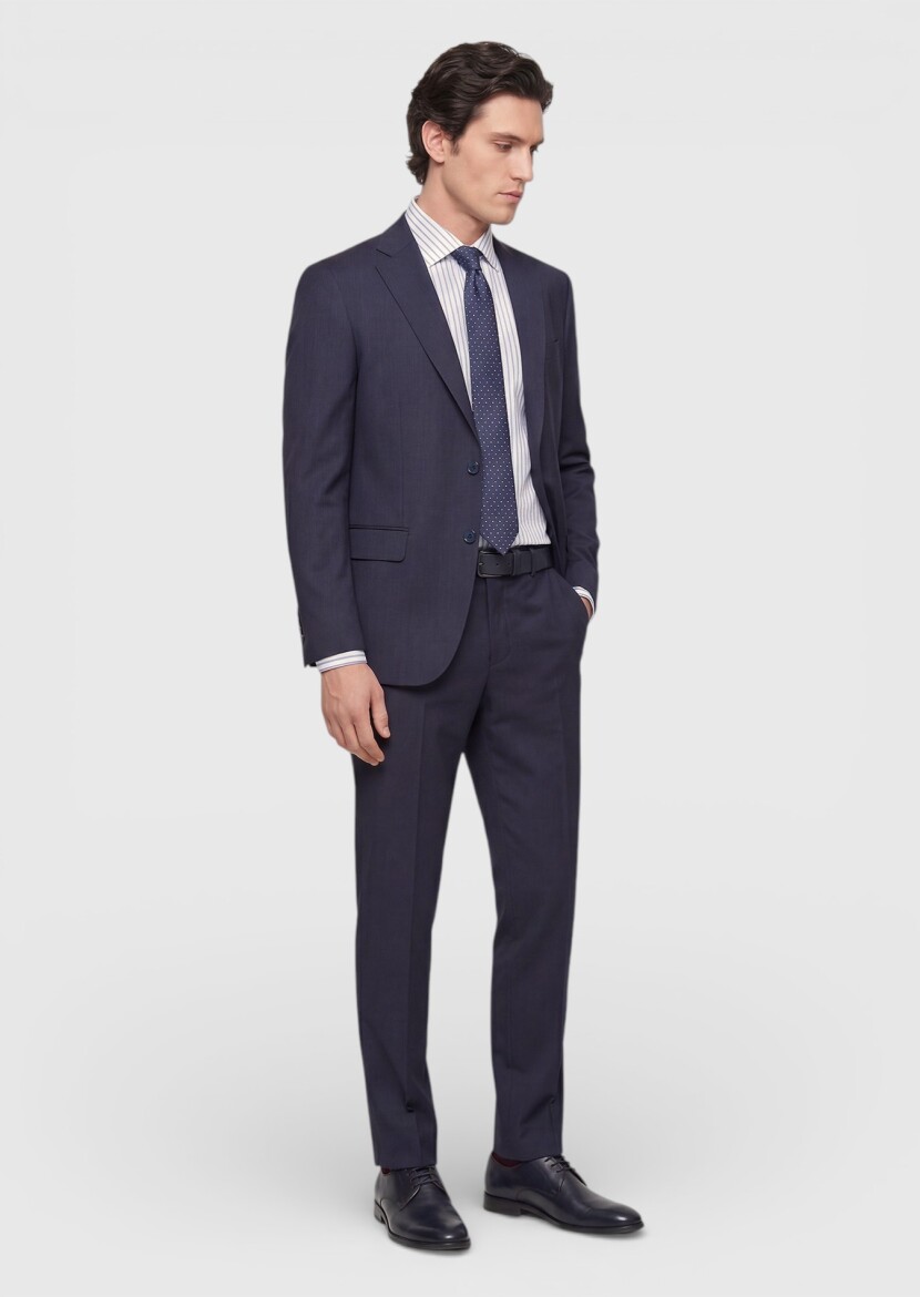 İndigo Çizgili Modern Fit Yün Karışımlı Takım Elbise - 3