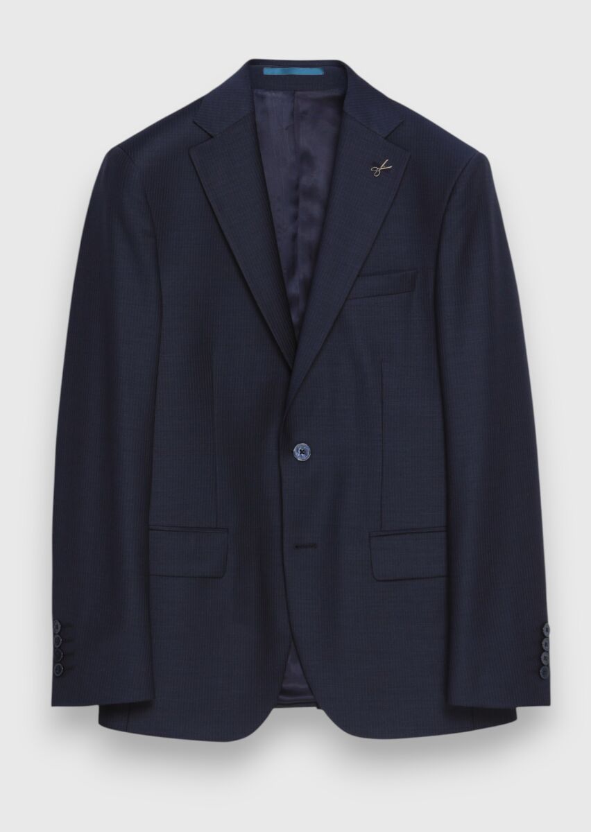 İndigo Çizgili Modern Fit Yün Karışımlı Takım Elbise - 6