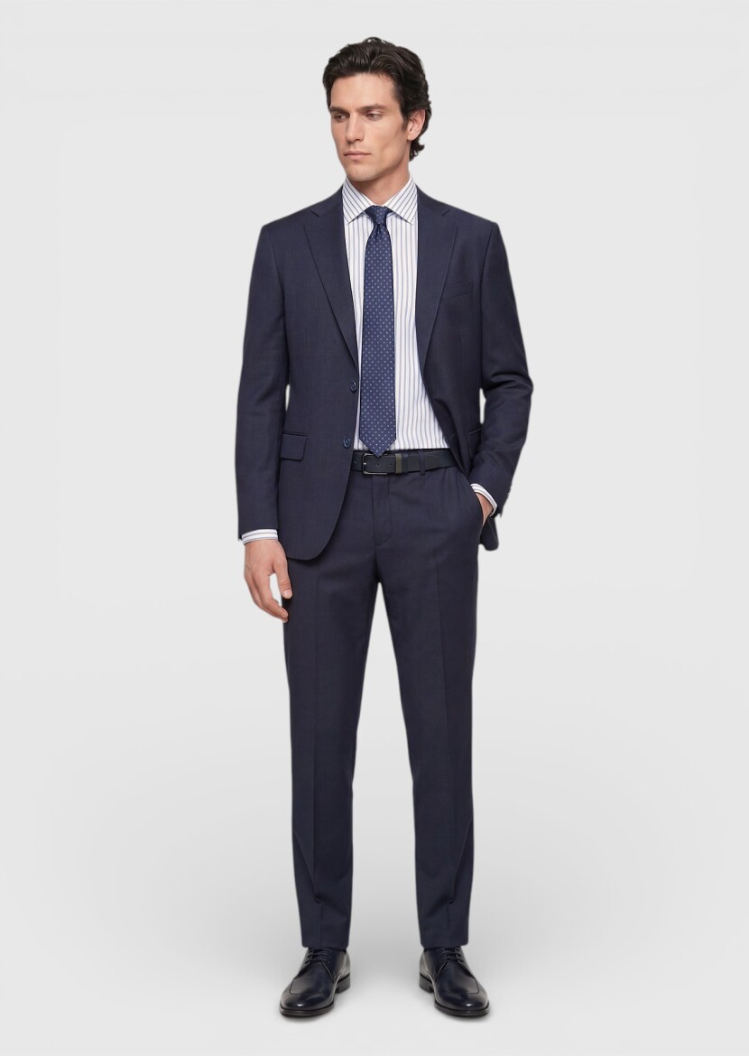 İndigo Çizgili Modern Fit Yün Karışımlı Takım Elbise - RAMSEY