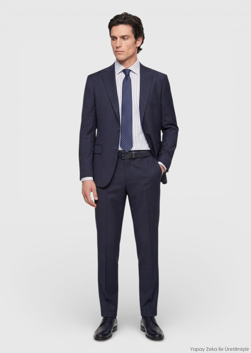 İndigo Çizgili Modern Fit Yün Karışımlı Takım Elbise - RAMSEY