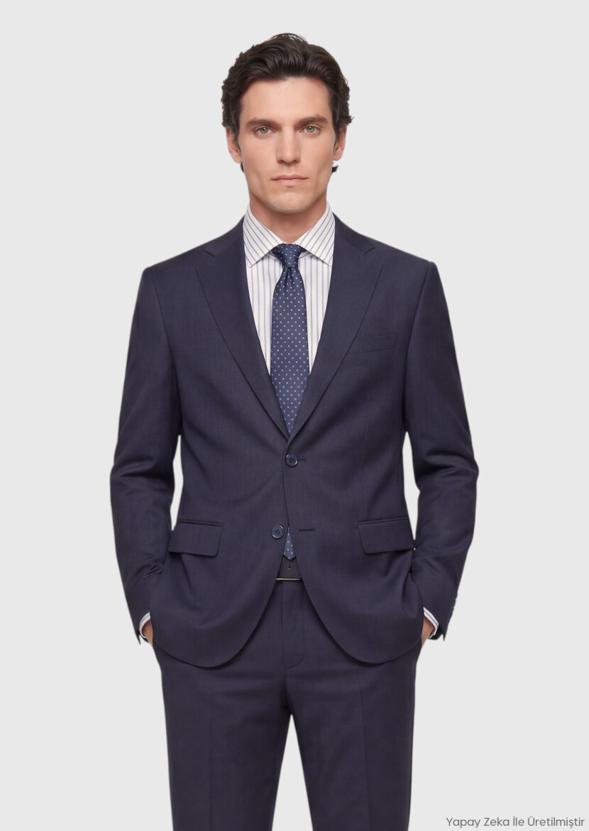 İndigo Çizgili Modern Fit Yün Karışımlı Takım Elbise - RAMSEY