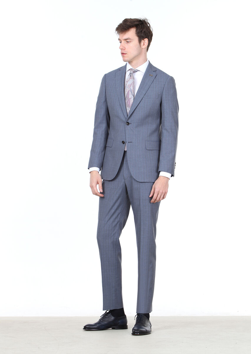 İndigo Çizgili Regular Fit %100 Yün Takım Elbise - 2