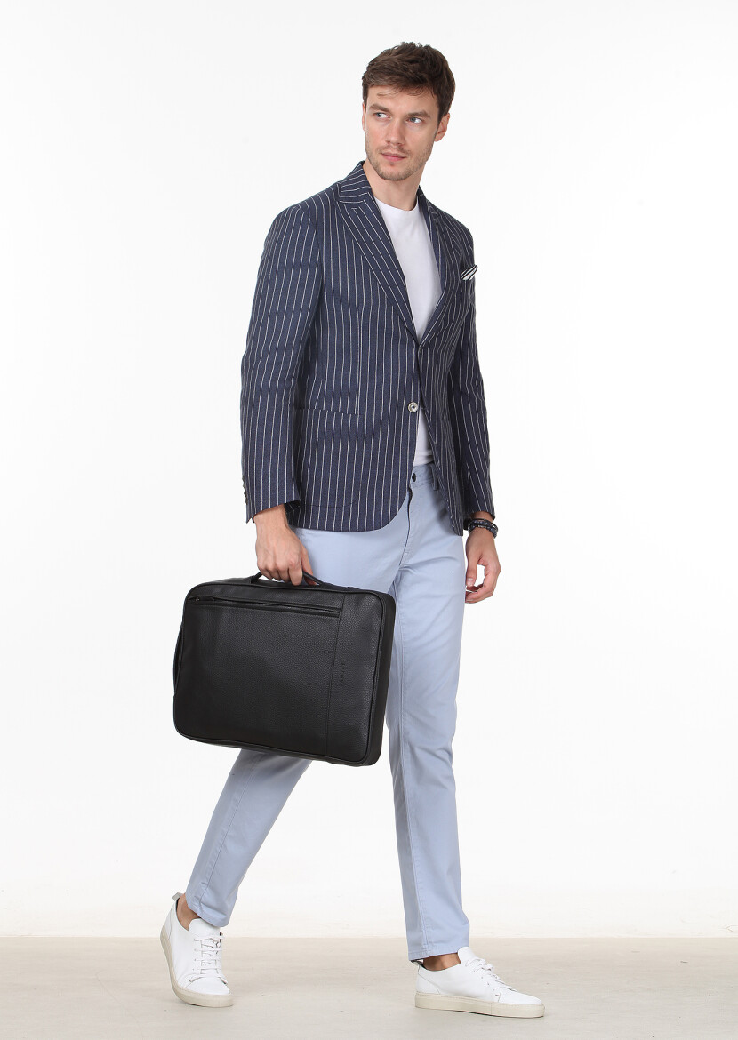 İndigo Çizgili Shirt Shoulder Slim Fit %100 Keten Ceket - 1