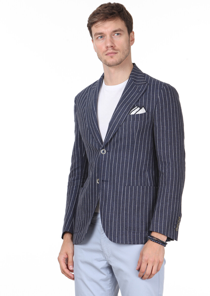 İndigo Çizgili Shirt Shoulder Slim Fit %100 Keten Ceket - 2