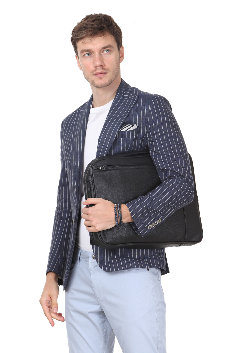 İndigo Çizgili Shirt Shoulder Slim Fit %100 Keten Ceket - 3