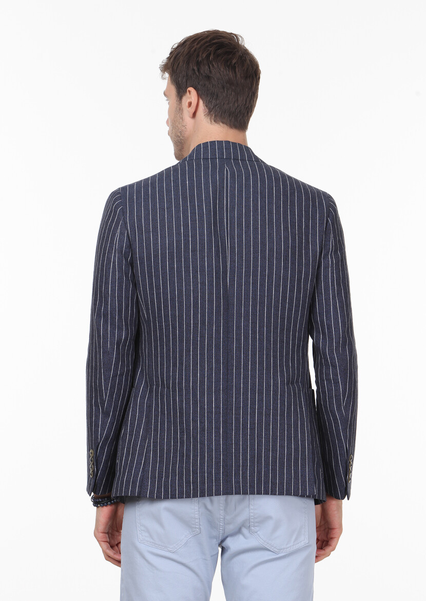 İndigo Çizgili Shirt Shoulder Slim Fit %100 Keten Ceket - 4