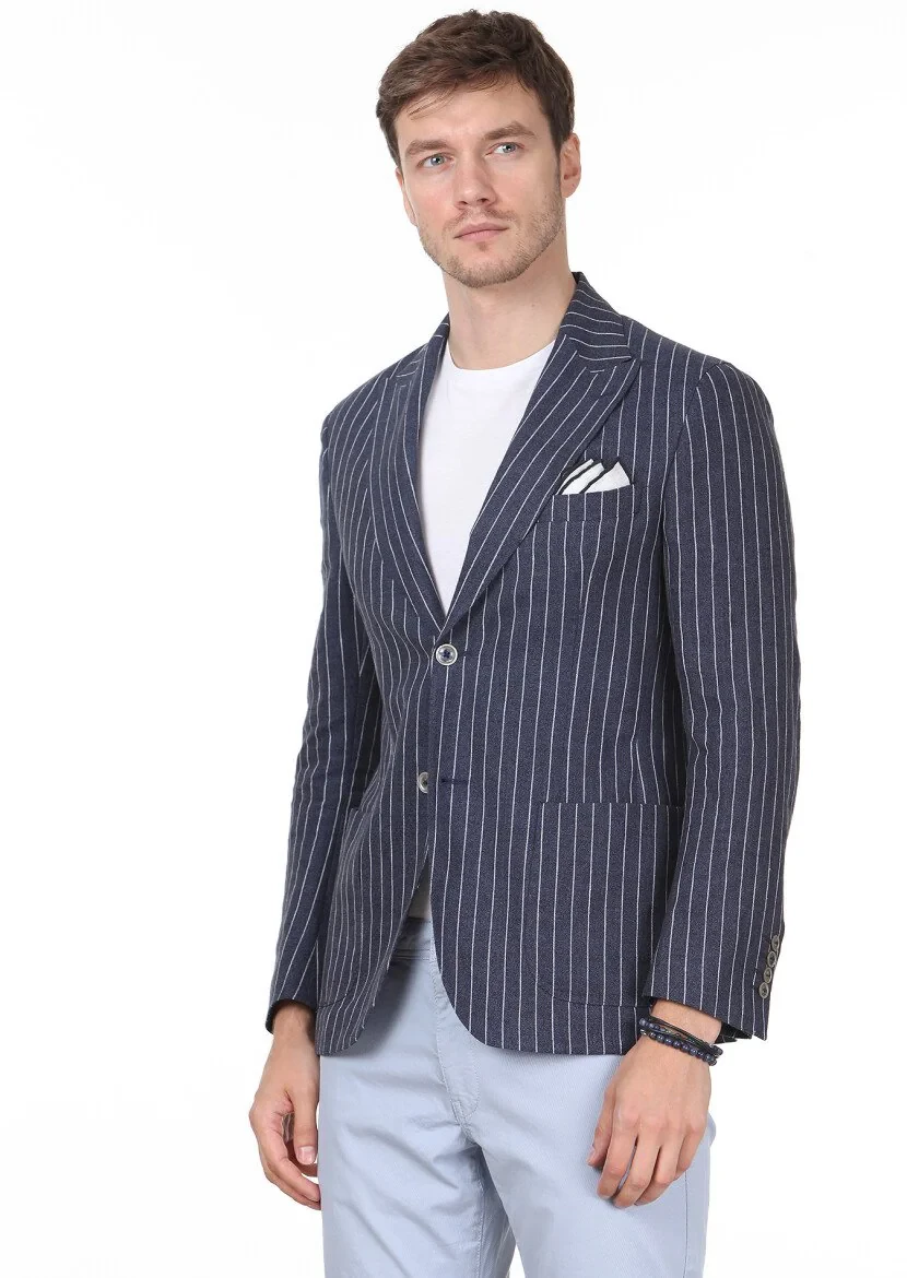İndigo Çizgili Shirt Shoulder Slim Fit %100 Keten Ceket - 2