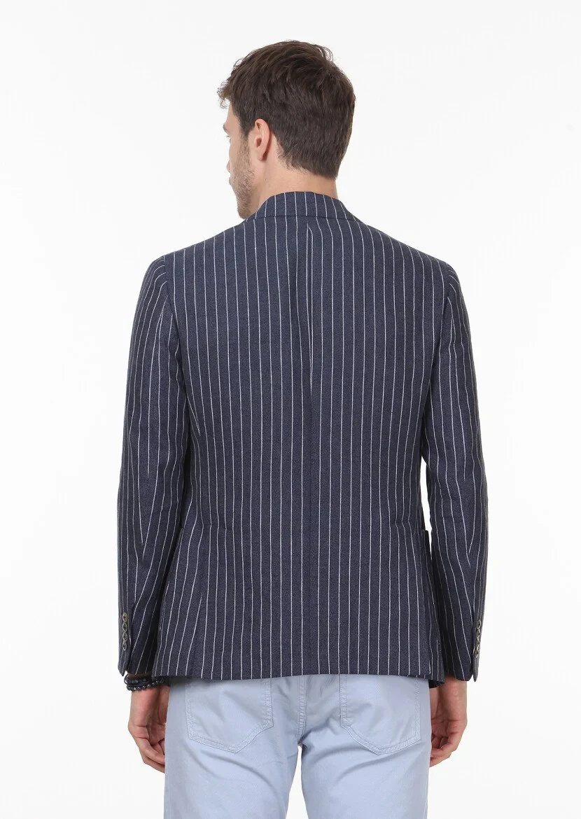 İndigo Çizgili Shirt Shoulder Slim Fit %100 Keten Ceket - 4