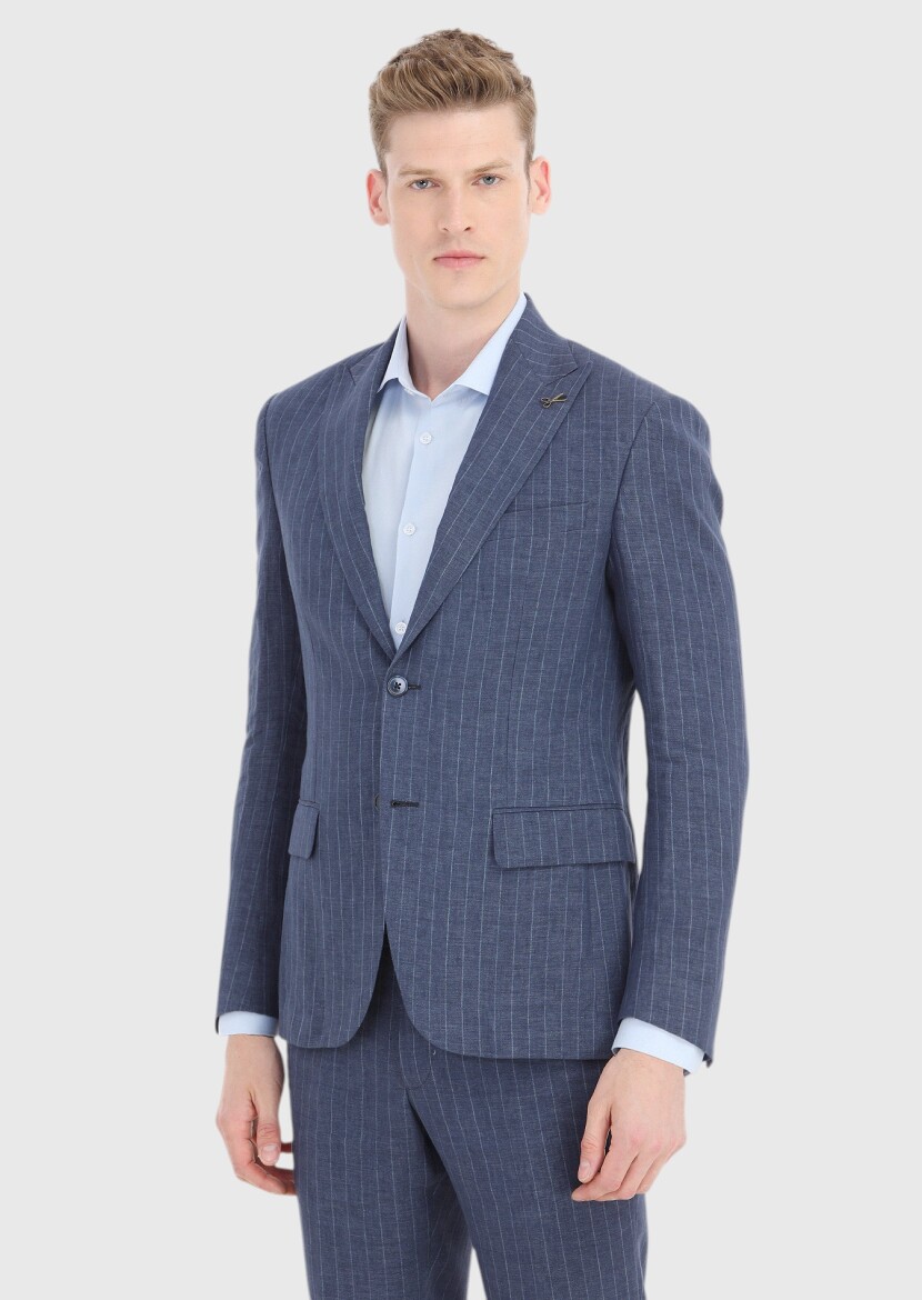 İndigo Çizgili Zeroweight Slim Fit %100 Keten Takım Elbise - 2