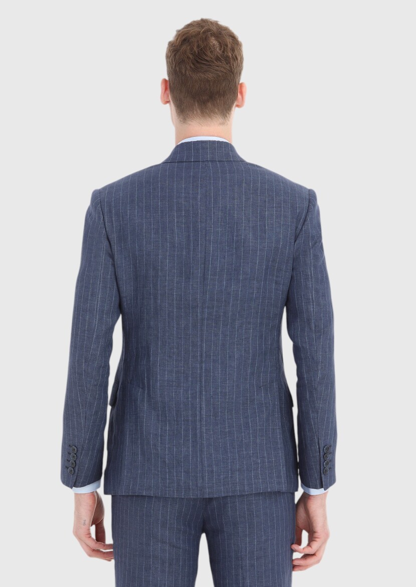 İndigo Çizgili Zeroweight Slim Fit %100 Keten Takım Elbise - 5