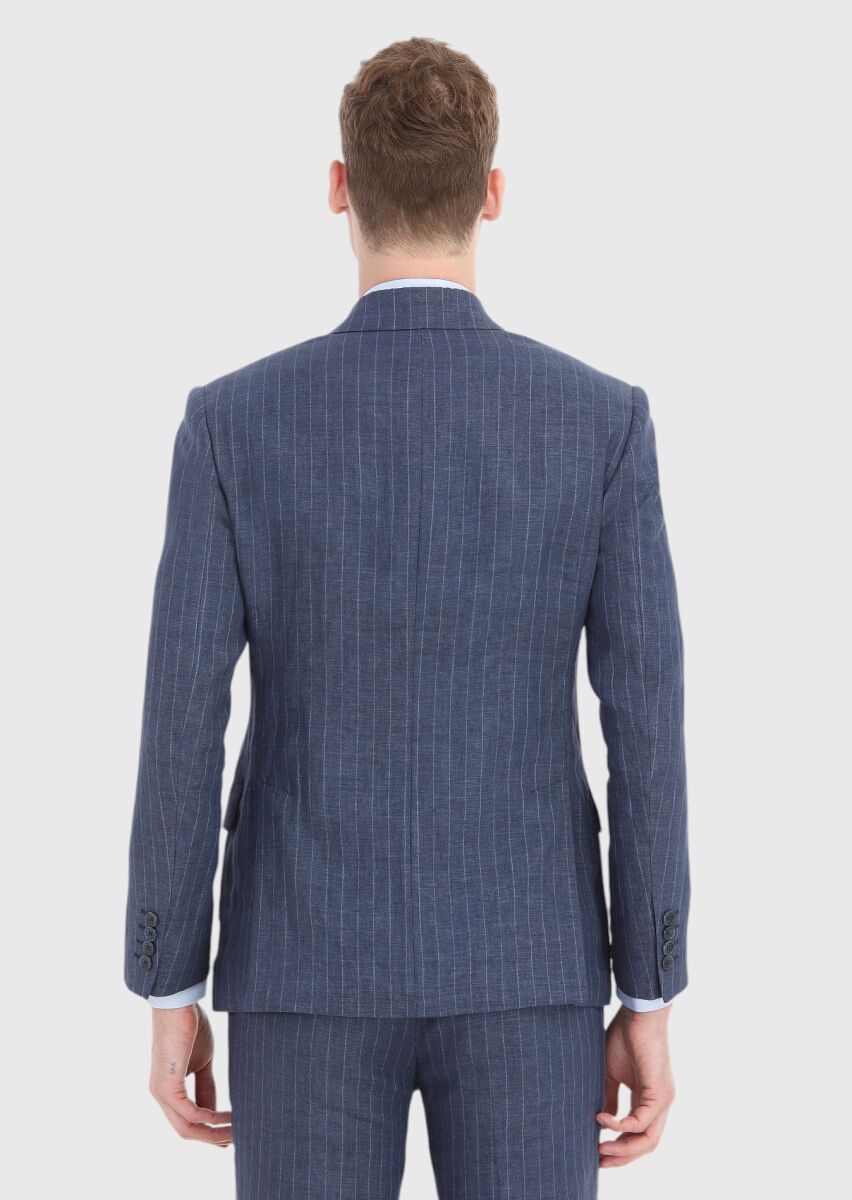 İndigo Çizgili Zeroweight Slim Fit %100 Keten Takım Elbise - 5