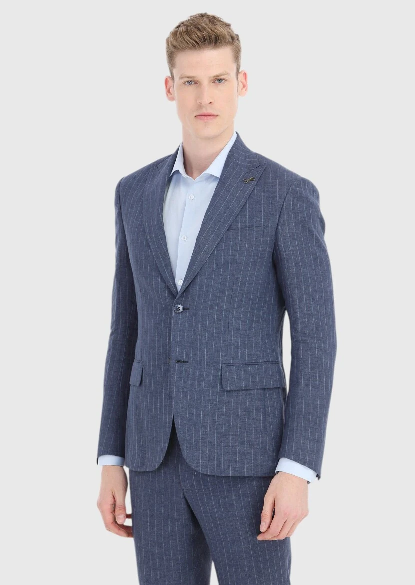 İndigo Çizgili Zeroweight Slim Fit %100 Keten Takım Elbise - 2