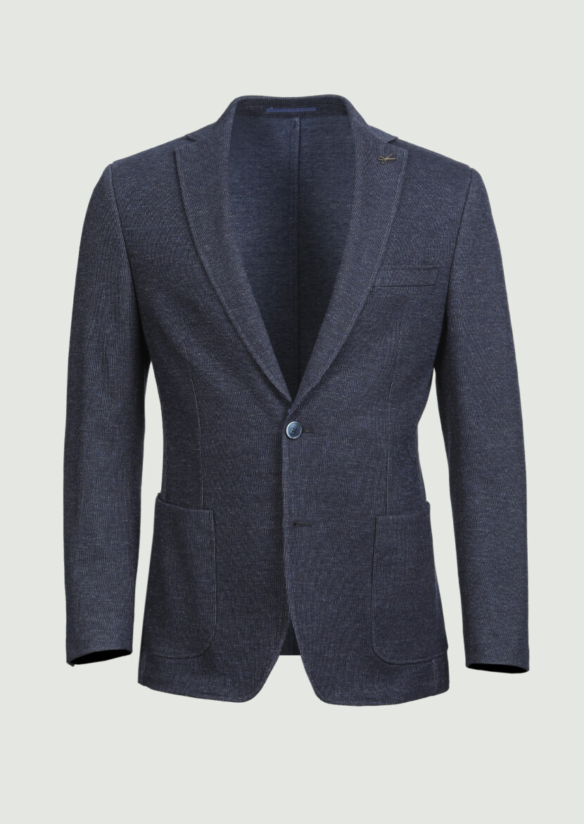 İndigo Çizgili Zeroweight Slim Fit %100 Pamuk Örme Ceket - 3