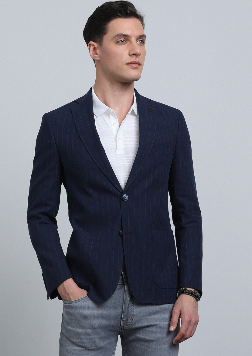 İndigo Çizgili Zeroweight Slim Fit Pamuk Karışımlı Ceket - 1