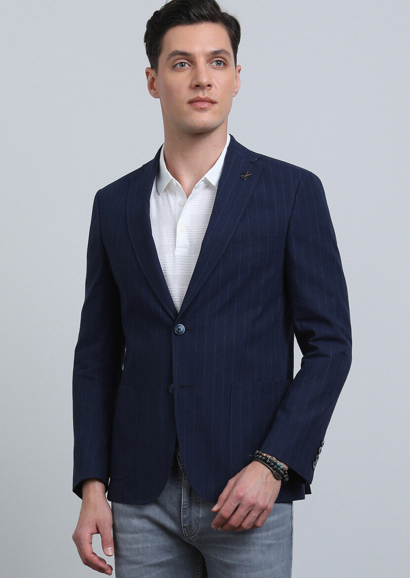 İndigo Çizgili Zeroweight Slim Fit Pamuk Karışımlı Ceket - 2