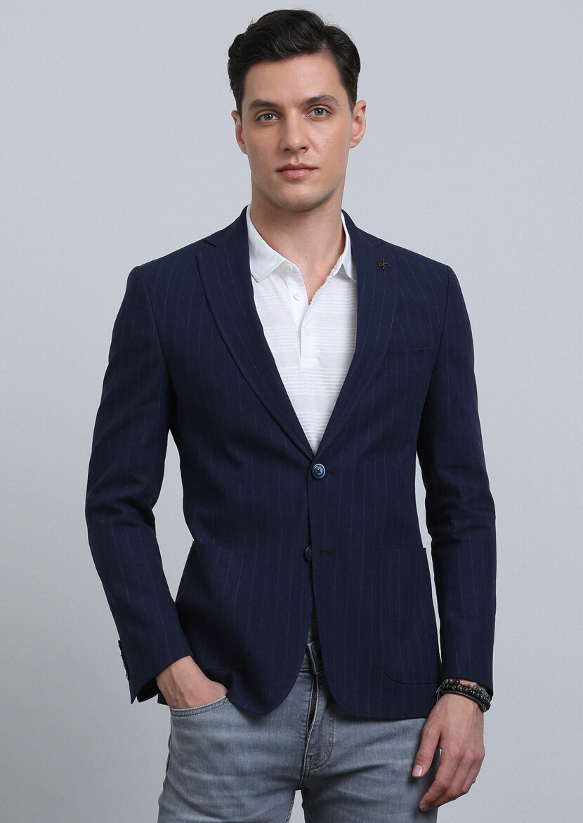 İndigo Çizgili Zeroweight Slim Fit Pamuk Karışımlı Ceket - 3