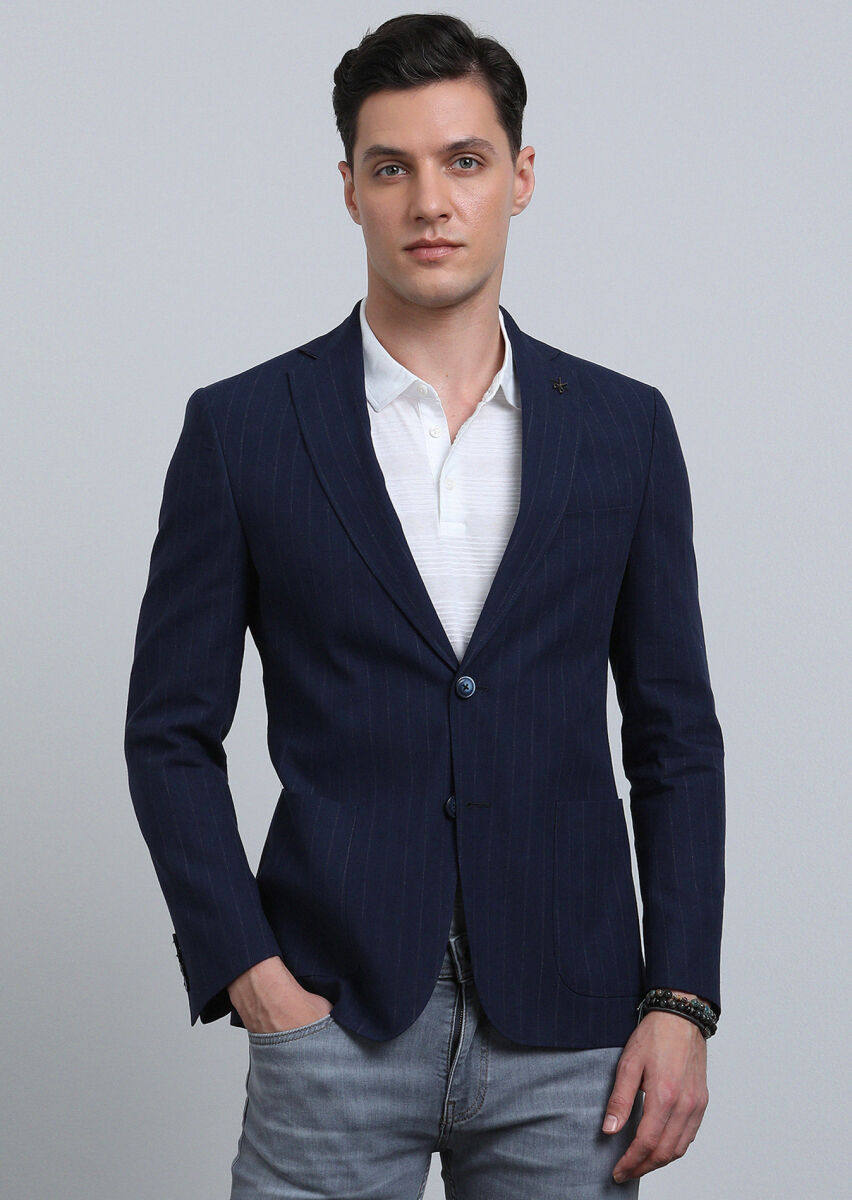İndigo Çizgili Zeroweight Slim Fit Pamuk Karışımlı Ceket - 3