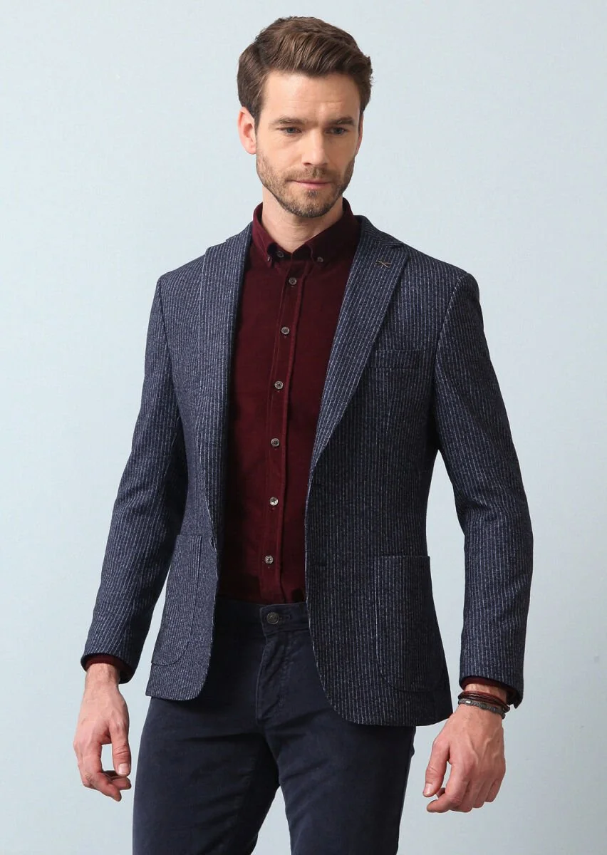 İndigo Çizgili Zeroweight Slim Fit Yün Karışımlı Örme Ceket - 1