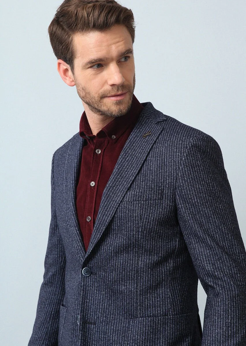 İndigo Çizgili Zeroweight Slim Fit Yün Karışımlı Örme Ceket - 2