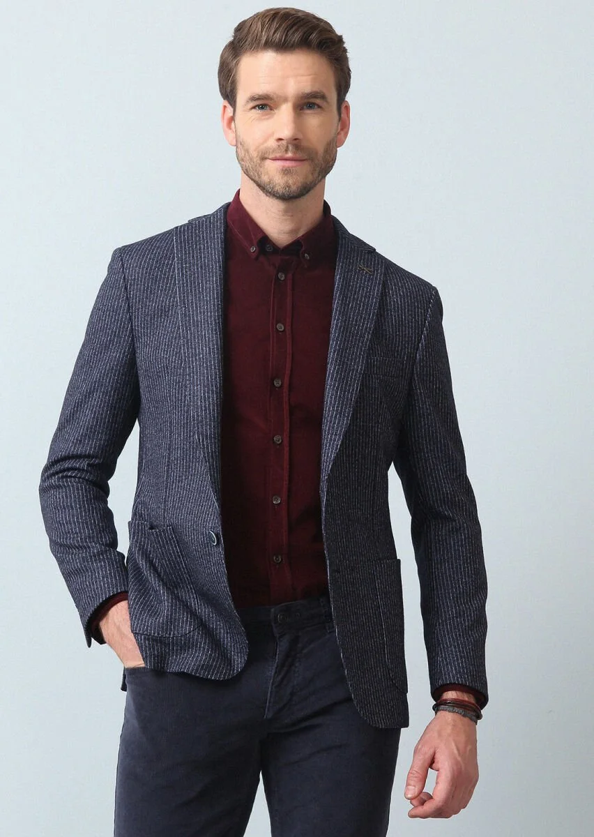 İndigo Çizgili Zeroweight Slim Fit Yün Karışımlı Örme Ceket - 3