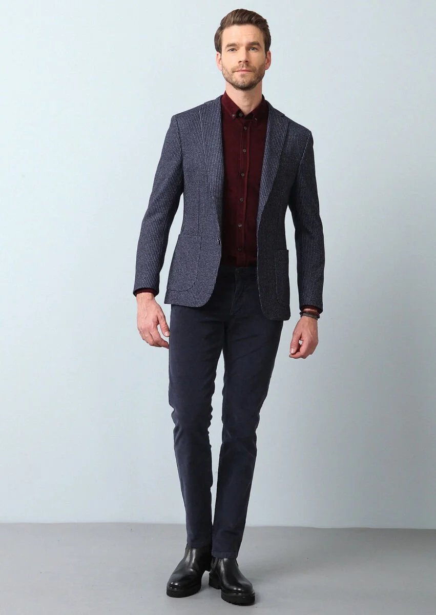 İndigo Çizgili Zeroweight Slim Fit Yün Karışımlı Örme Ceket - 4