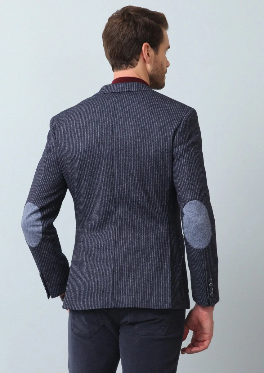 İndigo Çizgili Zeroweight Slim Fit Yün Karışımlı Örme Ceket - 5