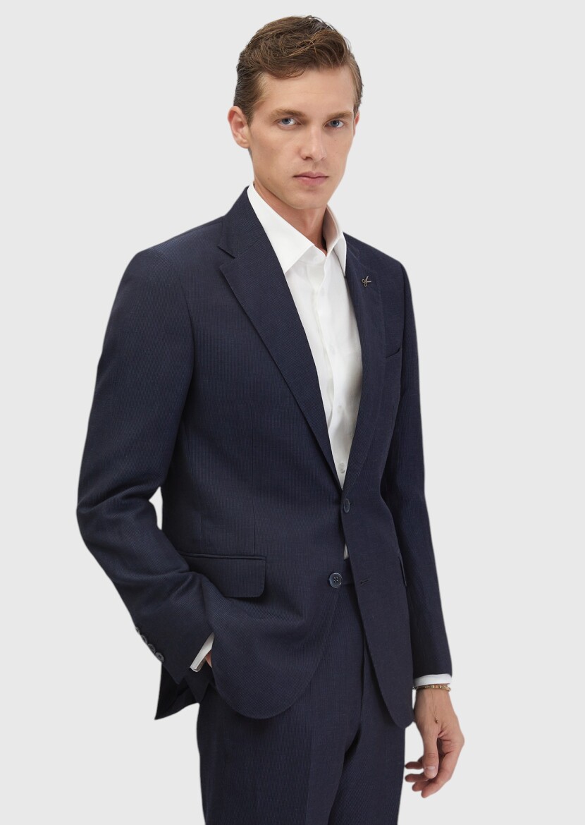 İndigo Çizgili Zeroweight Slim Fit Yün Karışımlı Takım Elbise - 1